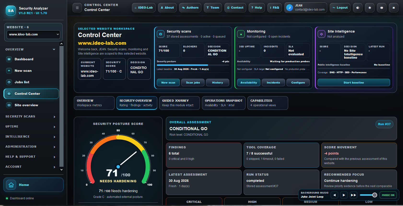 Security Analyzer dashboard and latest security scan summary